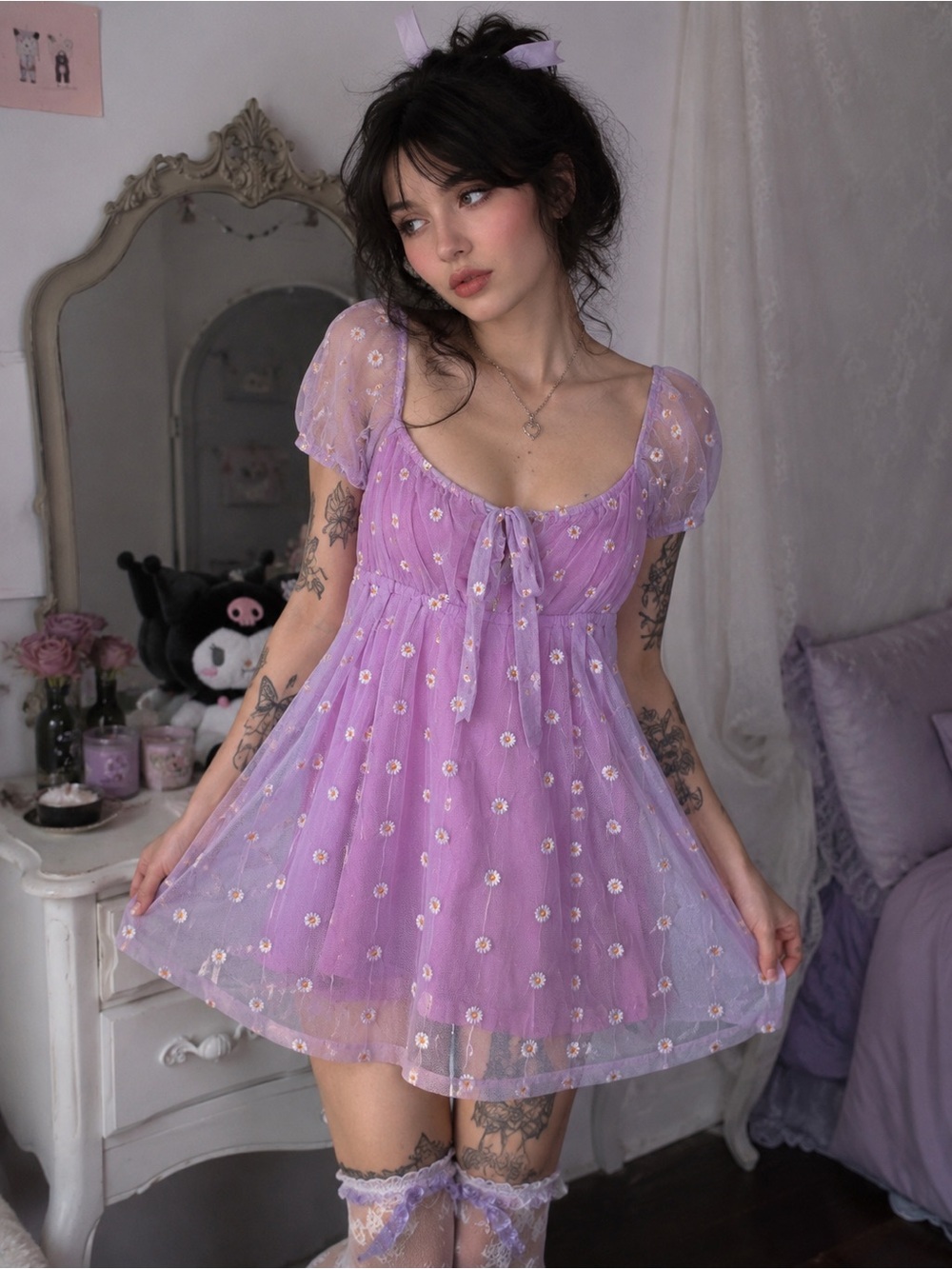 Fairycore Babydoll Daisy Mesh Mini Dress Romantic Cottagecore Lavender Pastel L